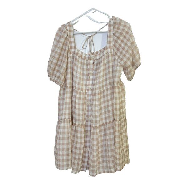 En Saison Value Mini Dress M White Rust Pink Gingham Puff Sleeve Tie Back Tiered - Picture 6 of 12